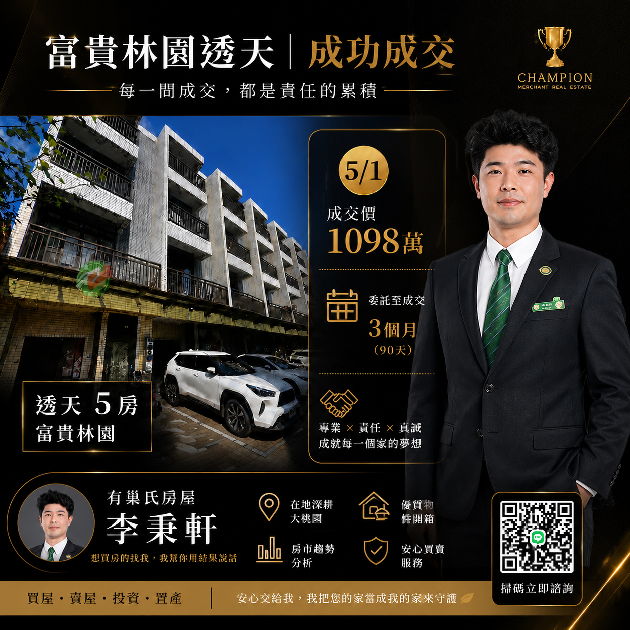 🏆 賀！富貴林園透天｜成交1098萬