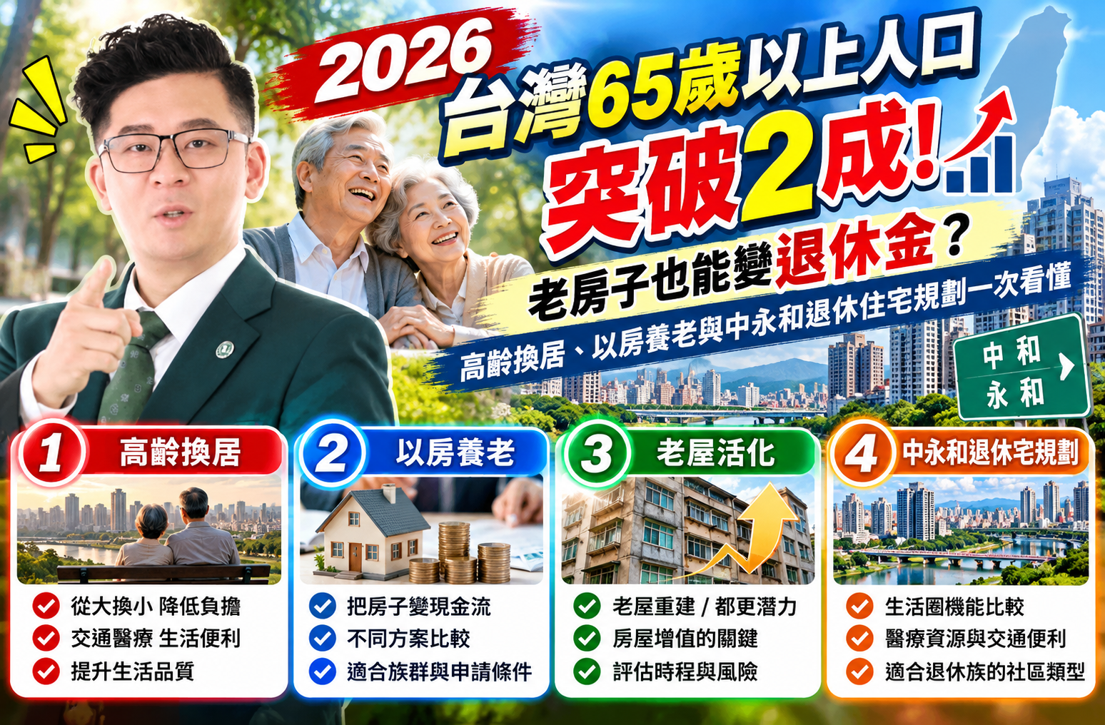 2026台灣65歲以上人口突破2成!老房子也能變退休金?高齡換居、以房養老與中永和退休住宅規劃一次看懂