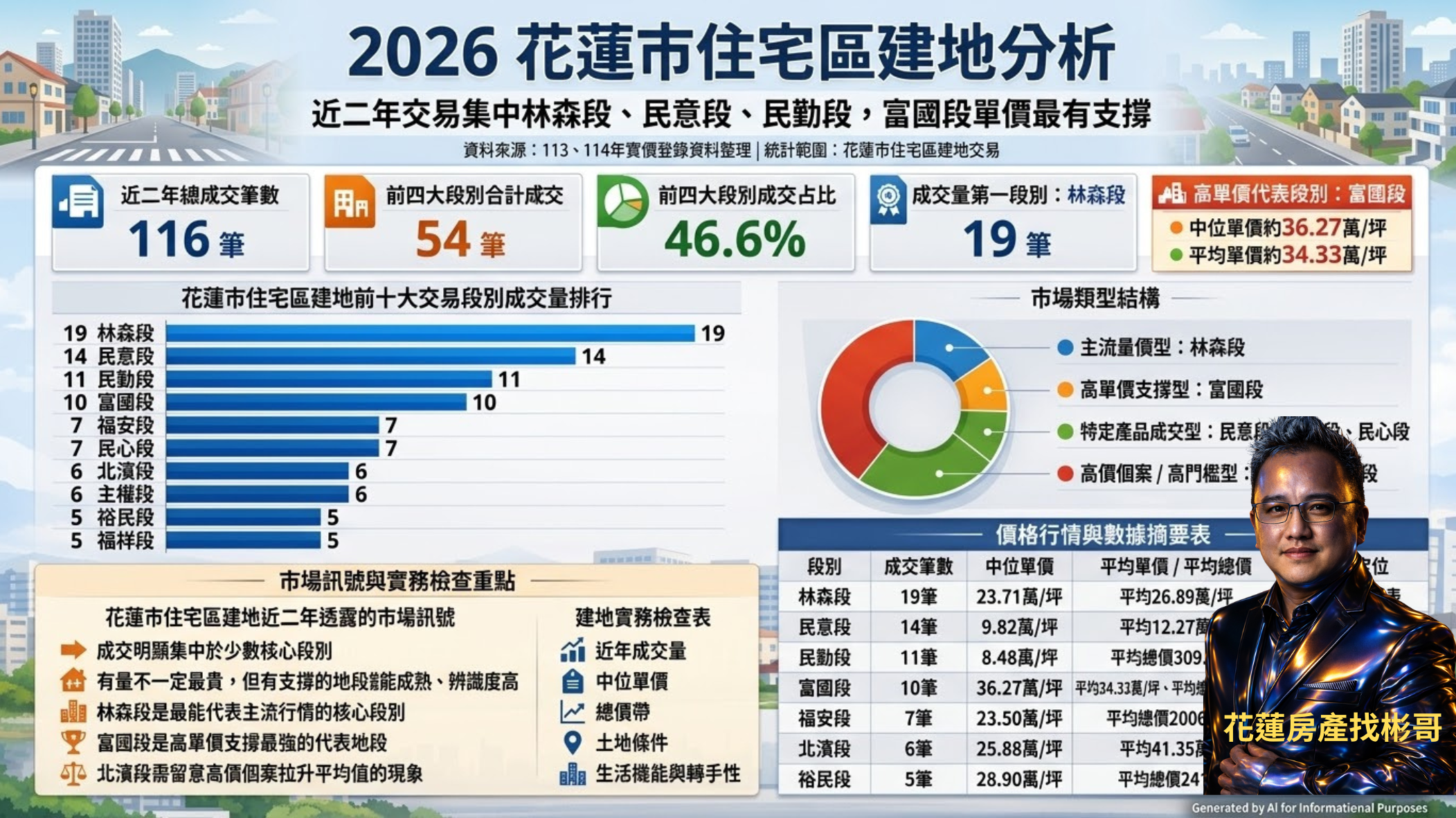 2026 花蓮市住宅區建地分析:近二年交易集中林森段、民意段、民勤段,富國段單價最有支撐