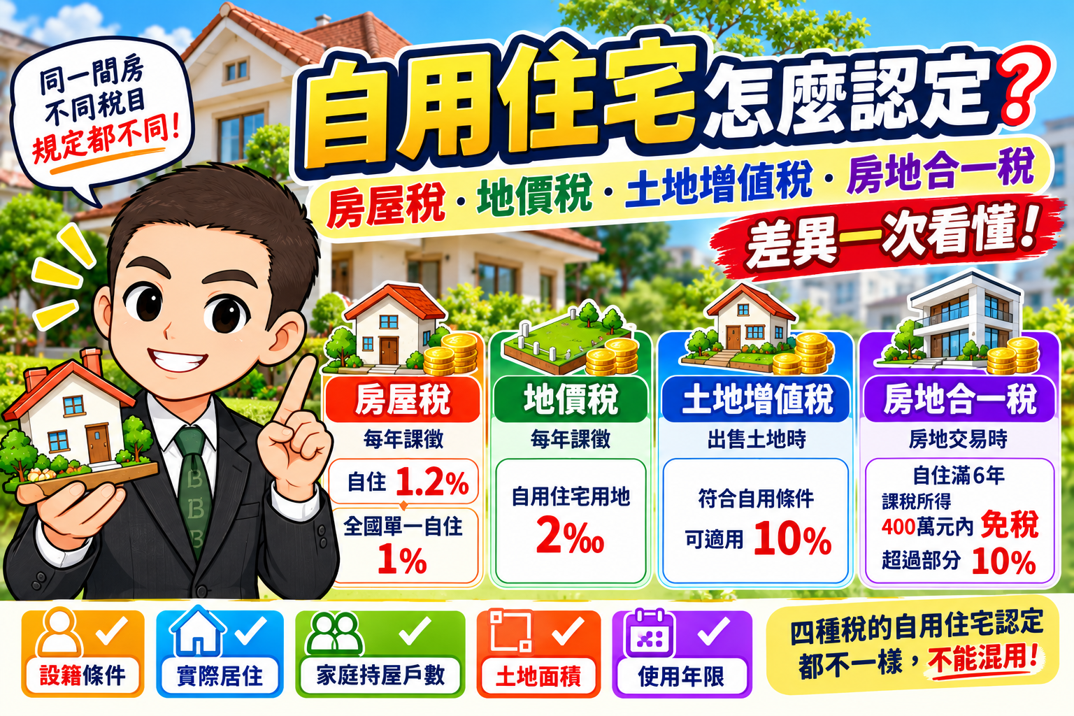 自用住宅怎麼認定?房屋稅、地價稅、土地增值稅與房地合一稅優惠比較