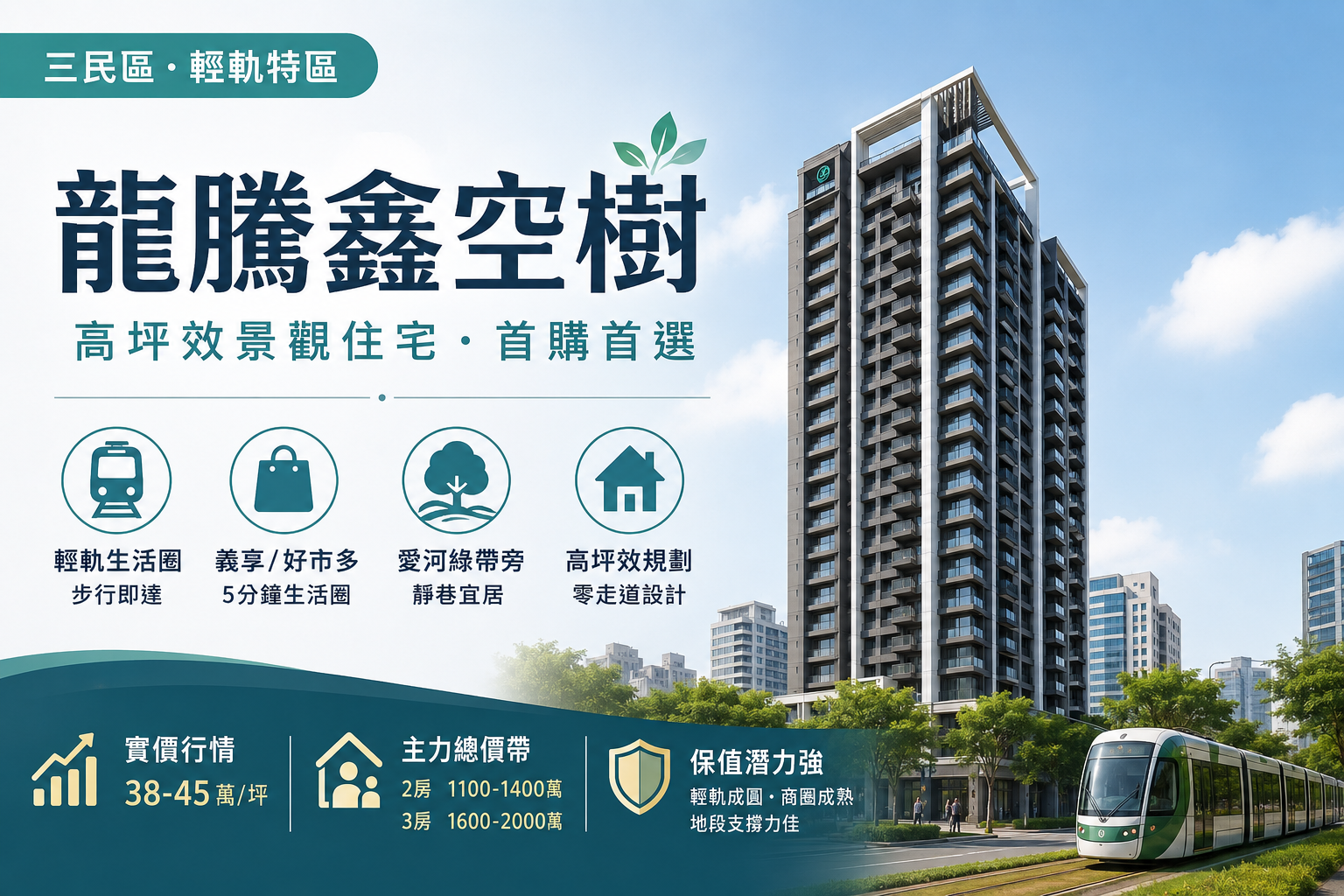 【三民區 龍騰鑫空樹】實價登錄行情、社區優缺點與競品全解析：輕軌特區的高坪效景觀住宅值得買嗎？