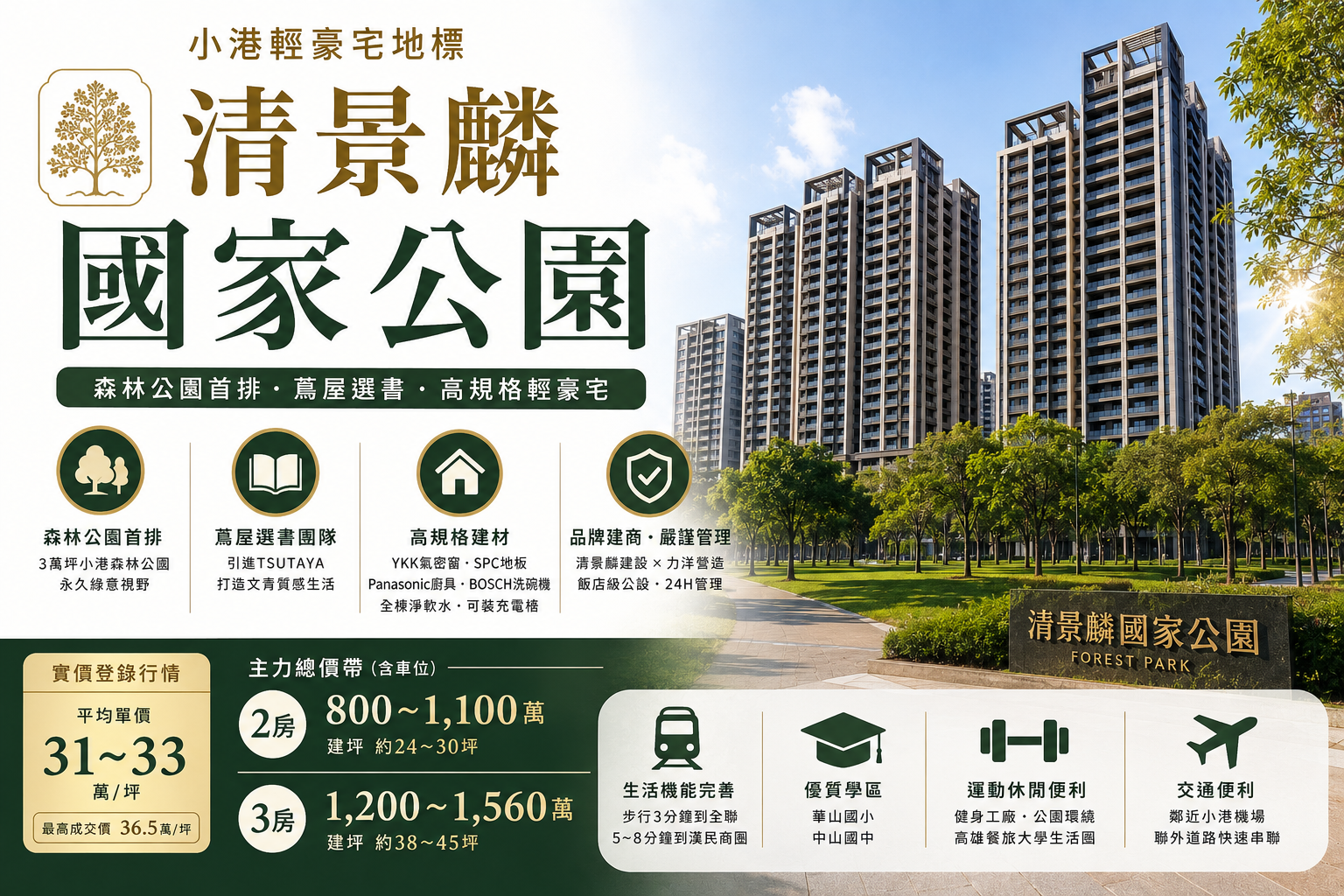 高雄小港輕豪宅地標!【清景麟國家公園】社區全方位深度解析:森林公園首排、蔦屋團隊選書與實價登錄行情大公開
