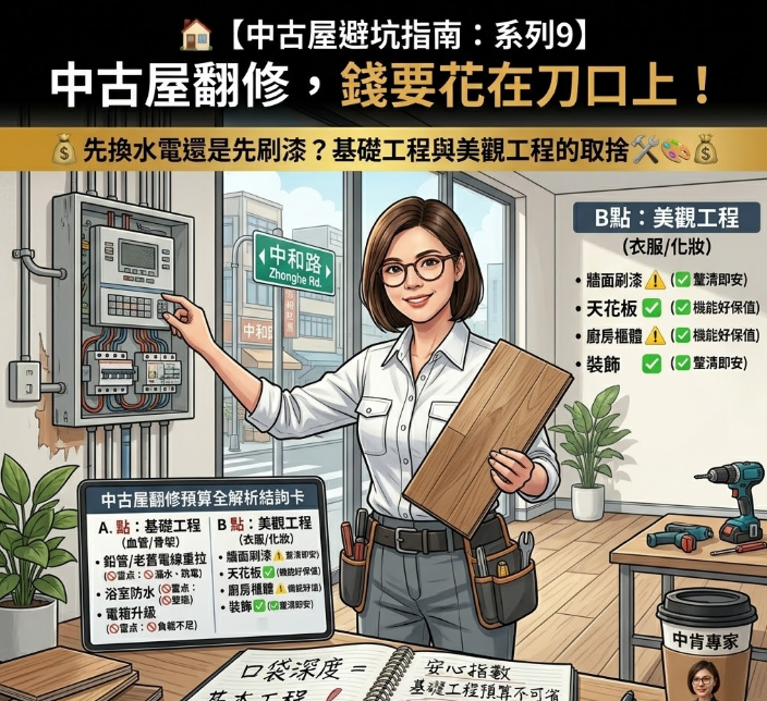 【中古屋避坑指南：系列 9】中古屋翻修，錢要花在刀口上！先換水電還是先刷漆？基礎工程與美觀工程的終極取捨 🛠️🎨💰