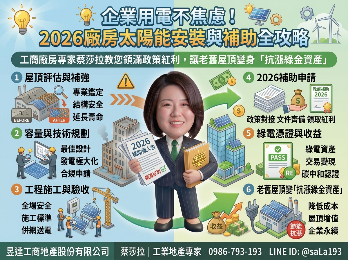 企業節能補助怎麼領？2026廠房太陽能板安裝與評估懶人包：3大政策紅利與資產增值解析
