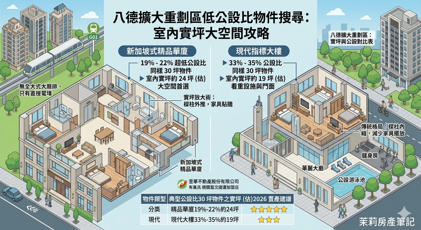 八德擴大重劃區低公設比物件搜尋：室內實坪大空間攻略