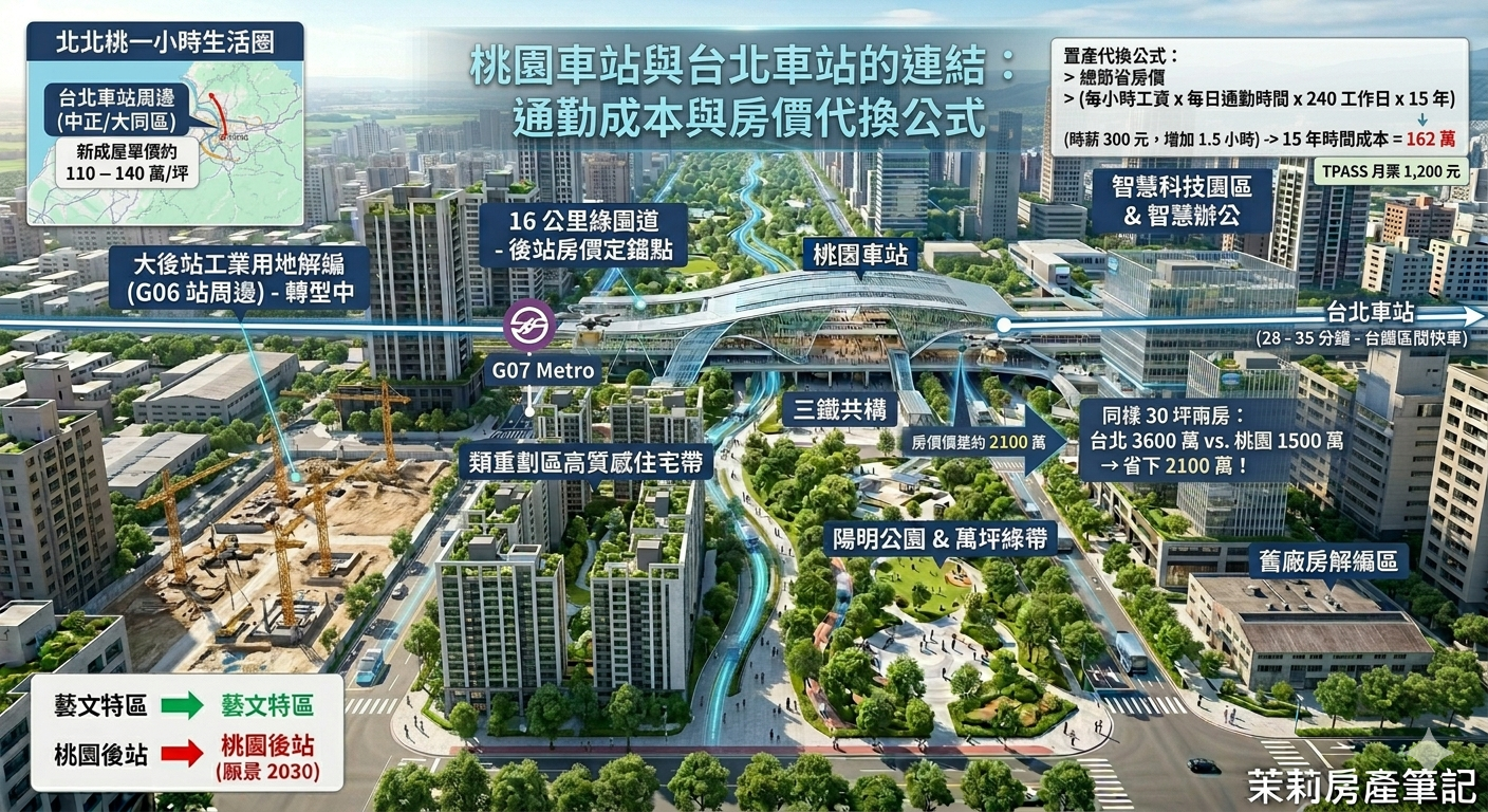 桃園車站與台北車站的連結：通勤成本與房價代換公式