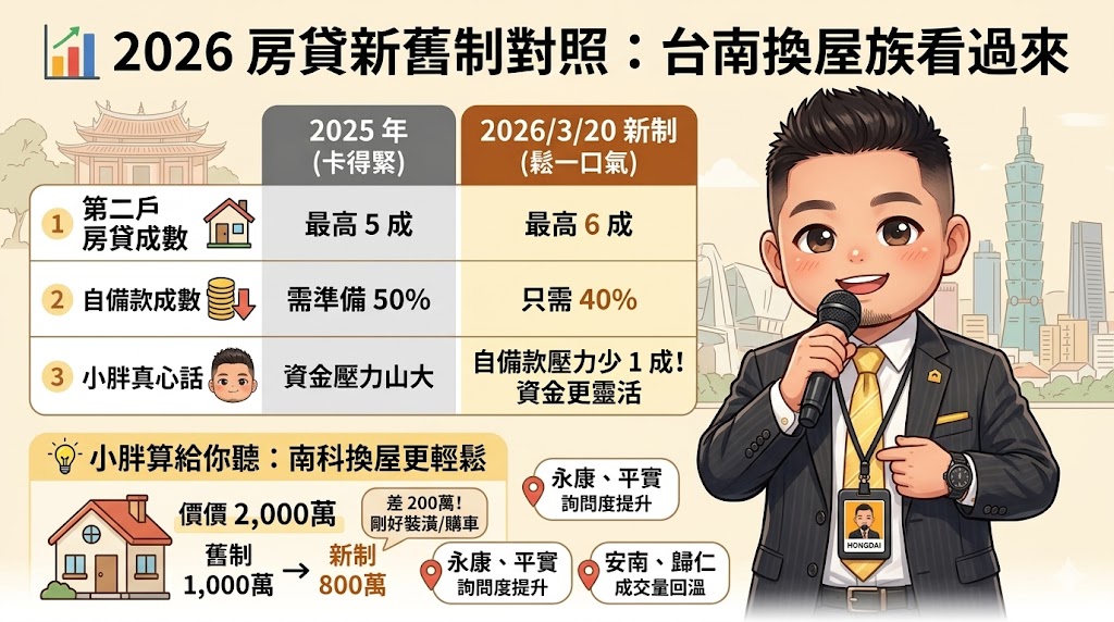2026 台南換屋族喜訊》第二戶房貸放寬至 6 成!小胖店長解析:南科、平實重劃區進場時機到了嗎?