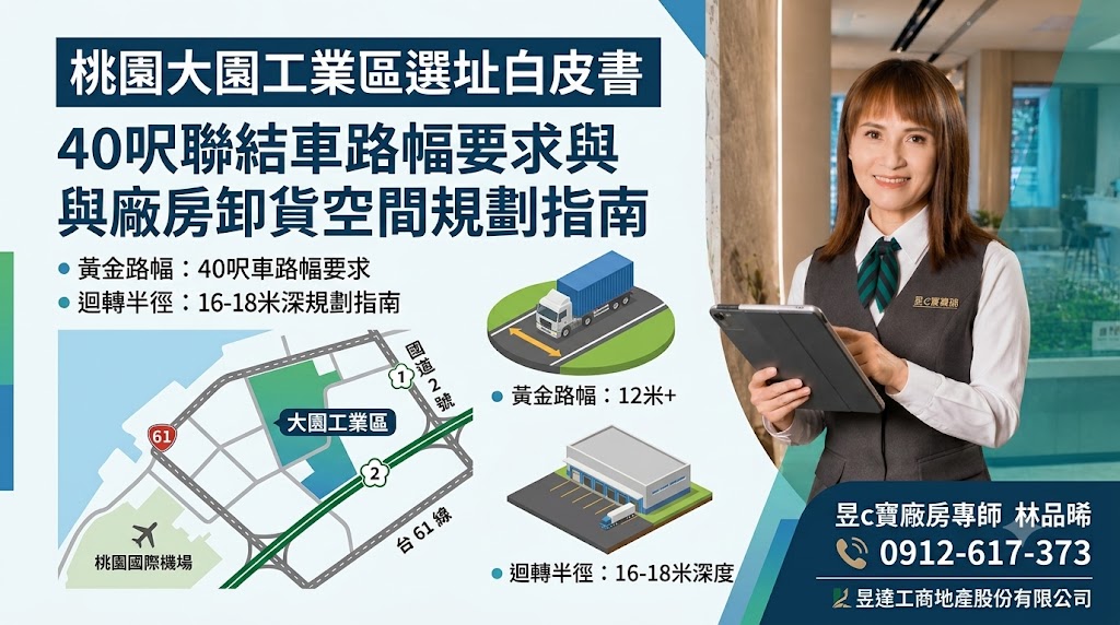 桃園大園工業區選址白皮書：40呎聯結車路幅要求與廠房卸貨空間規劃指南