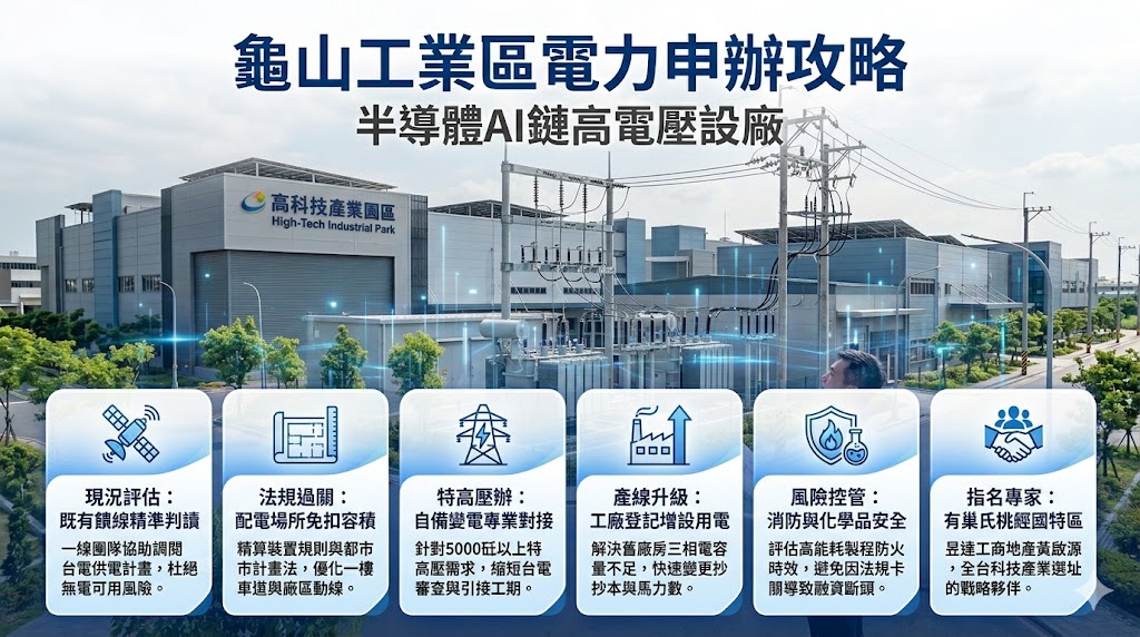 72.桃園龜山工業區電力申請攻略：半導體與 AI 供應鏈進駐的高電壓需求、配電場所法規與工廠登記踩坑風險解析