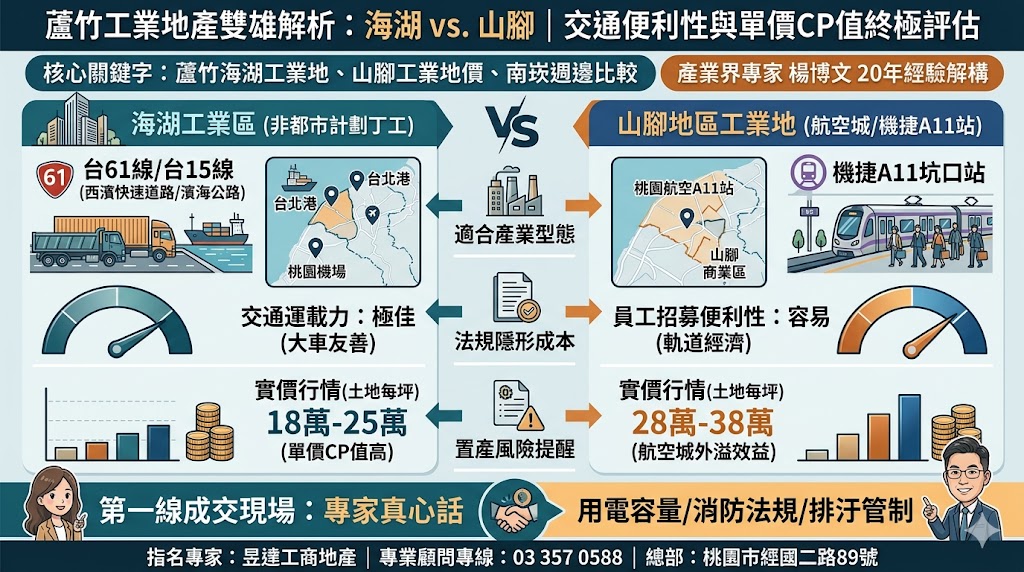 桃園蘆竹工業地產雙雄解析：海湖工業區與山腳丁工土地的交通運輸力、實價行情與設廠 CP 值終極評估