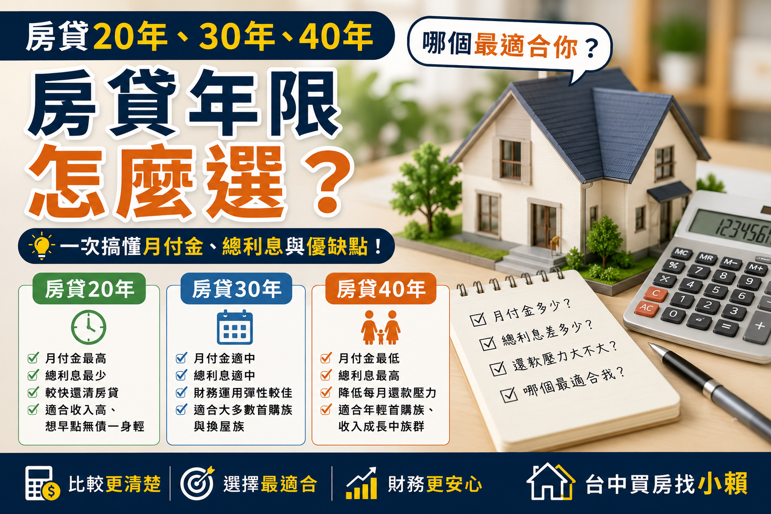 房貸20年、30年、40年怎麼選？一篇搞懂月付金、總利息與最適合你的貸款年限
