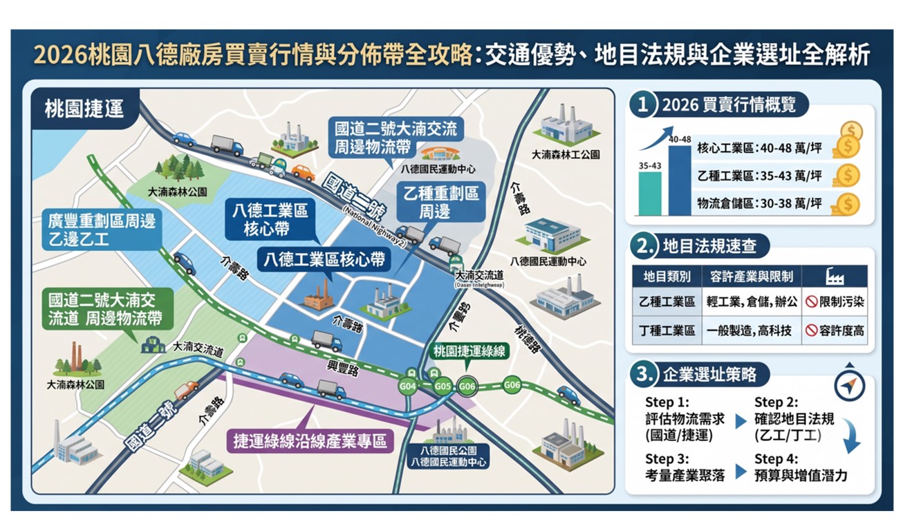 2026桃園八德廠房買賣行情與分佈帶全攻略:交通優勢、地目法規與企業選址全解析