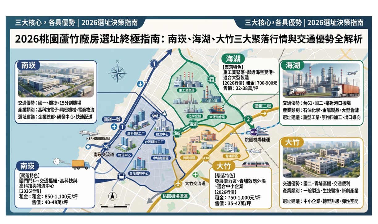 2026桃園蘆竹廠房選址終極指南:南崁、海湖、大竹三大聚落行情與交通優勢全解析