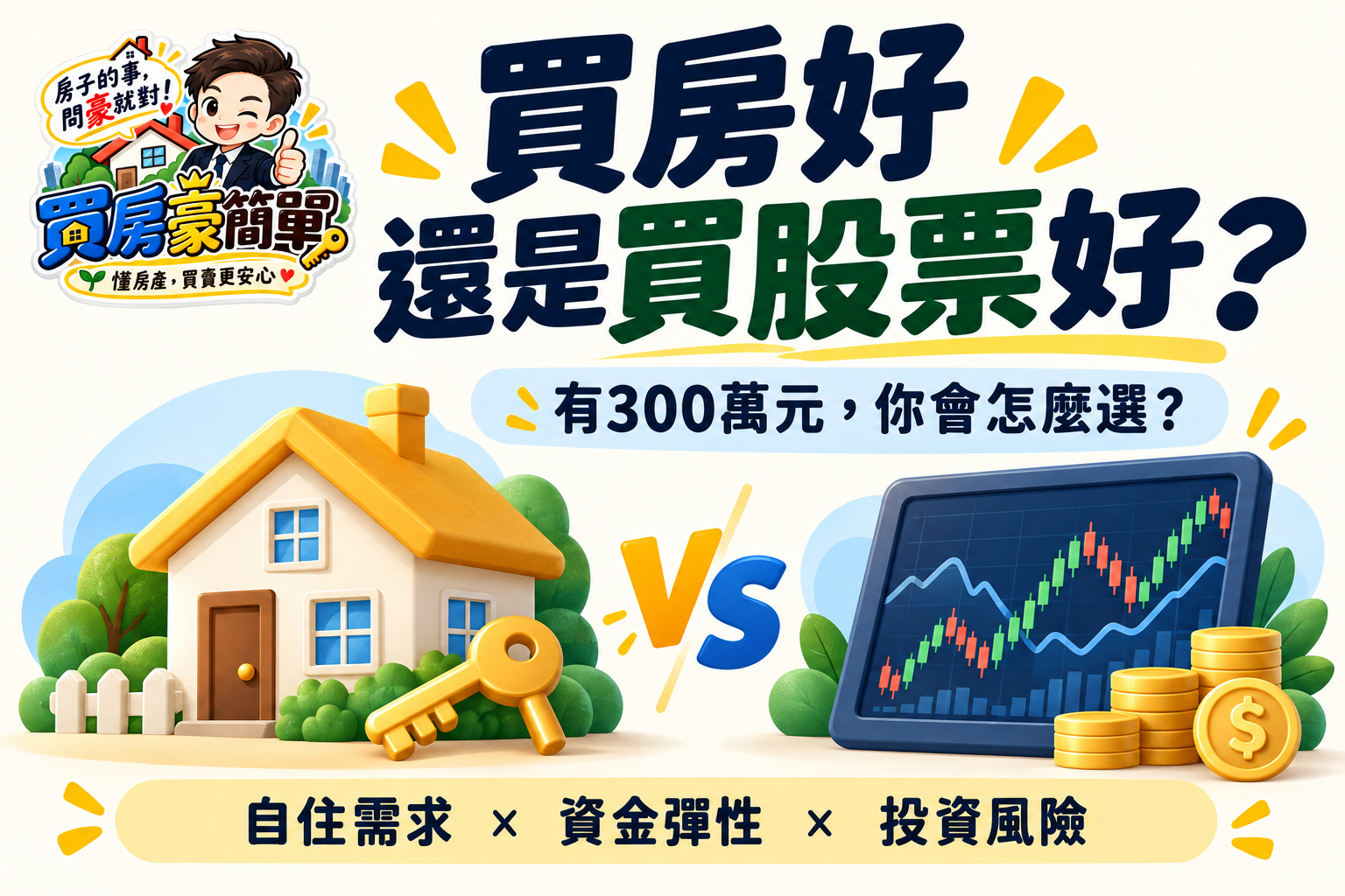 買房好還是買股票好？有300萬元，該付頭期款還是投資？先看懂這5個差別