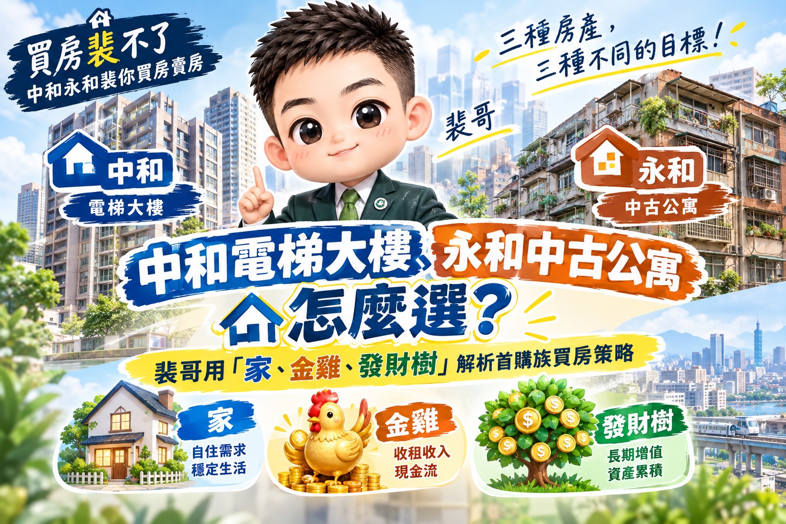 中和電梯大樓、永和中古公寓怎麼選？裴哥用「家、金雞、發財樹」解析首購族買房策略