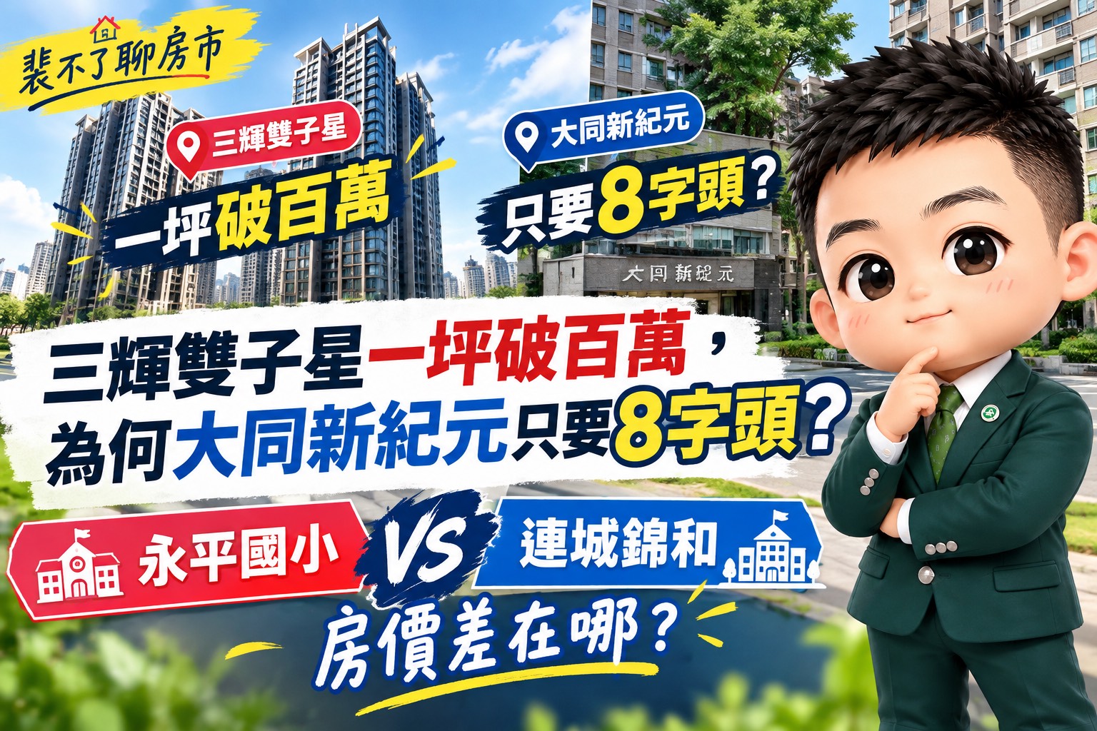 三輝雙子星一坪破百萬,為何大同新紀元只要8字頭?永平國小 vs 連城錦和房價差在哪